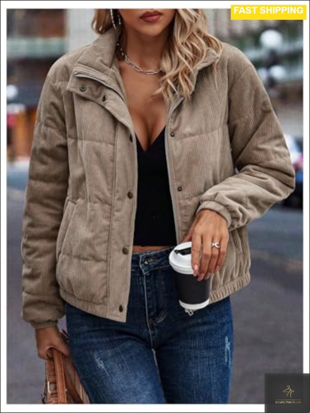 Womens Corduroy Quilted Puffer Jacket Zip Up Padded Bomber - Picture 4 of 5